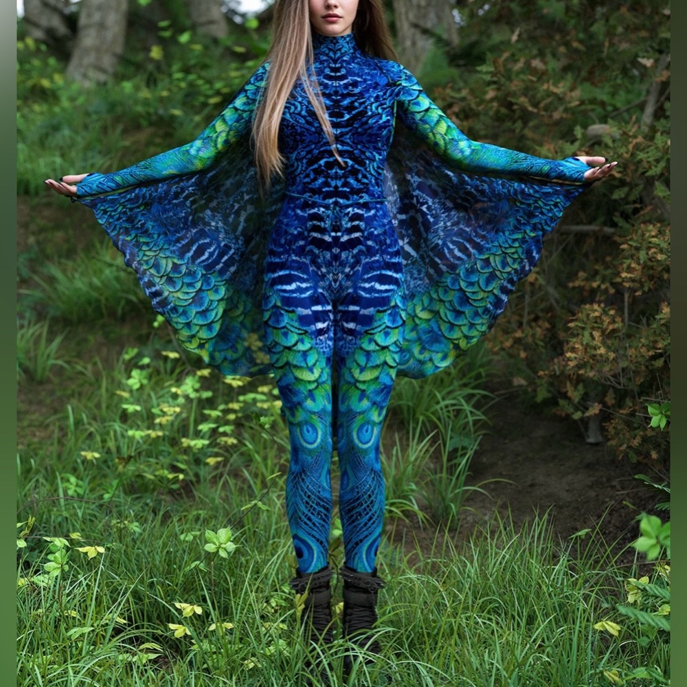 Blue & Green Peacock-Print Women's Jumpsuit with Gauzy Cape